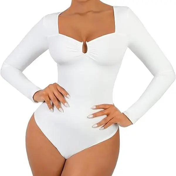FeelinGirl Body Suits for Womens Long Sleeve Thong Shapewear Bodysuit Sweetheart V Neck Top Shirt