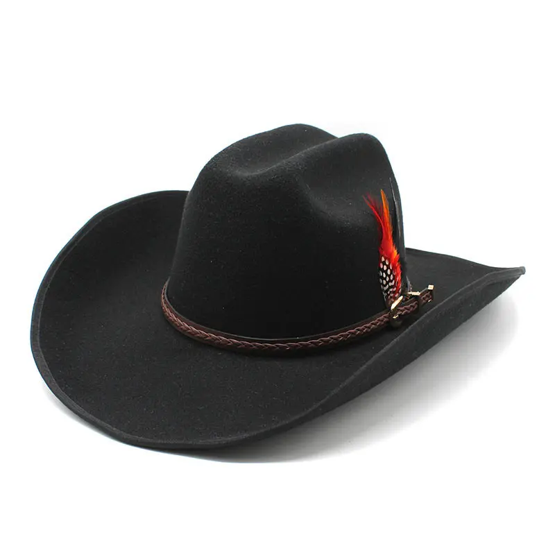 Tibetan-style wool felt hat, thickened wool felt hat, Tibetan wide-brimmed black leather strap hat, unisex spring and autumn western cowboy hat