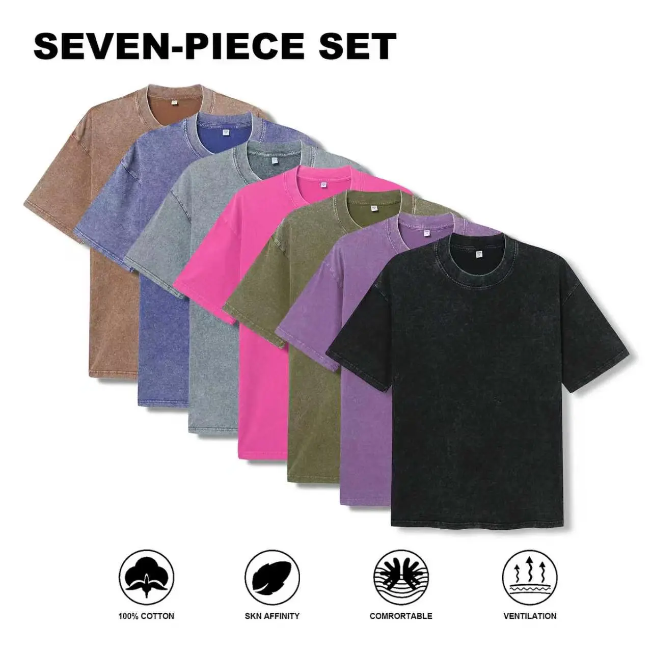 7-Pack Men's Vintage Washed Oversized Cotton T-Shirt, Crew Neck Short Sleeve Streetwear Basic Tees Set