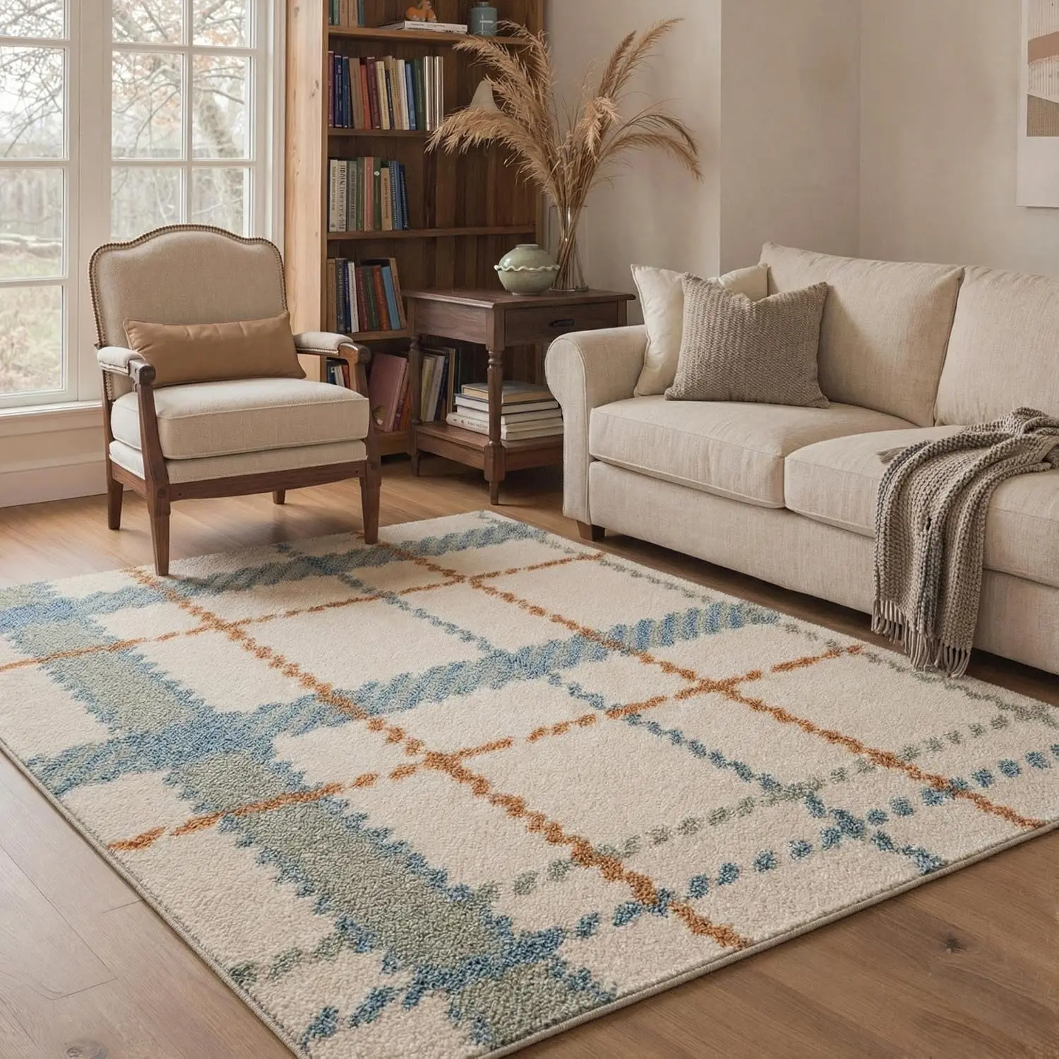 【Back To School】GENIMO Area Rugs for Living Room Bedroom,Tartan Plaid Checkered Netural Modern Rug, Machine Washable Low Pile Non Slip Soft Crossweave Rugs for Dining Room Home Office, Blue Beige Check