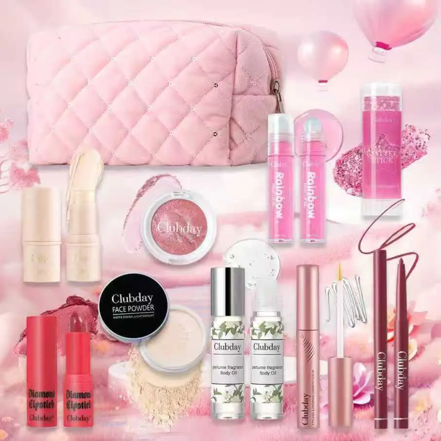 10 piece basic makeup combination set includes body sequins, perfume, oil, eye black, lipstick, lipstick, lipliner, blemish cream, powder, makeup bag and other combination sets. It is a perfect gift for her, an ideal holiday gift