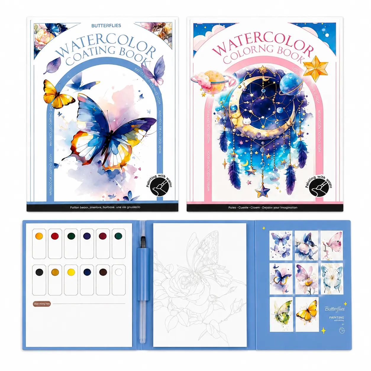 Compact Pocket Watercolor Painting Kit with Water Brush Pen, Tri-Fold Watercolor Painting Book Paper, Portable DIY Art Supplies for Kids + Adults, Artists' Travel Coloring Essentials