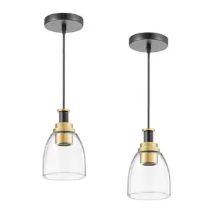 VEVOR 1-Light Pendant Light 2 Pack Kitchen Island Lights with Clear Glass Shade & Hanging Cord Black and Gold Finish Adjustable Height Pendant Lighting for Bedroom Hallway Entryway Kitchen