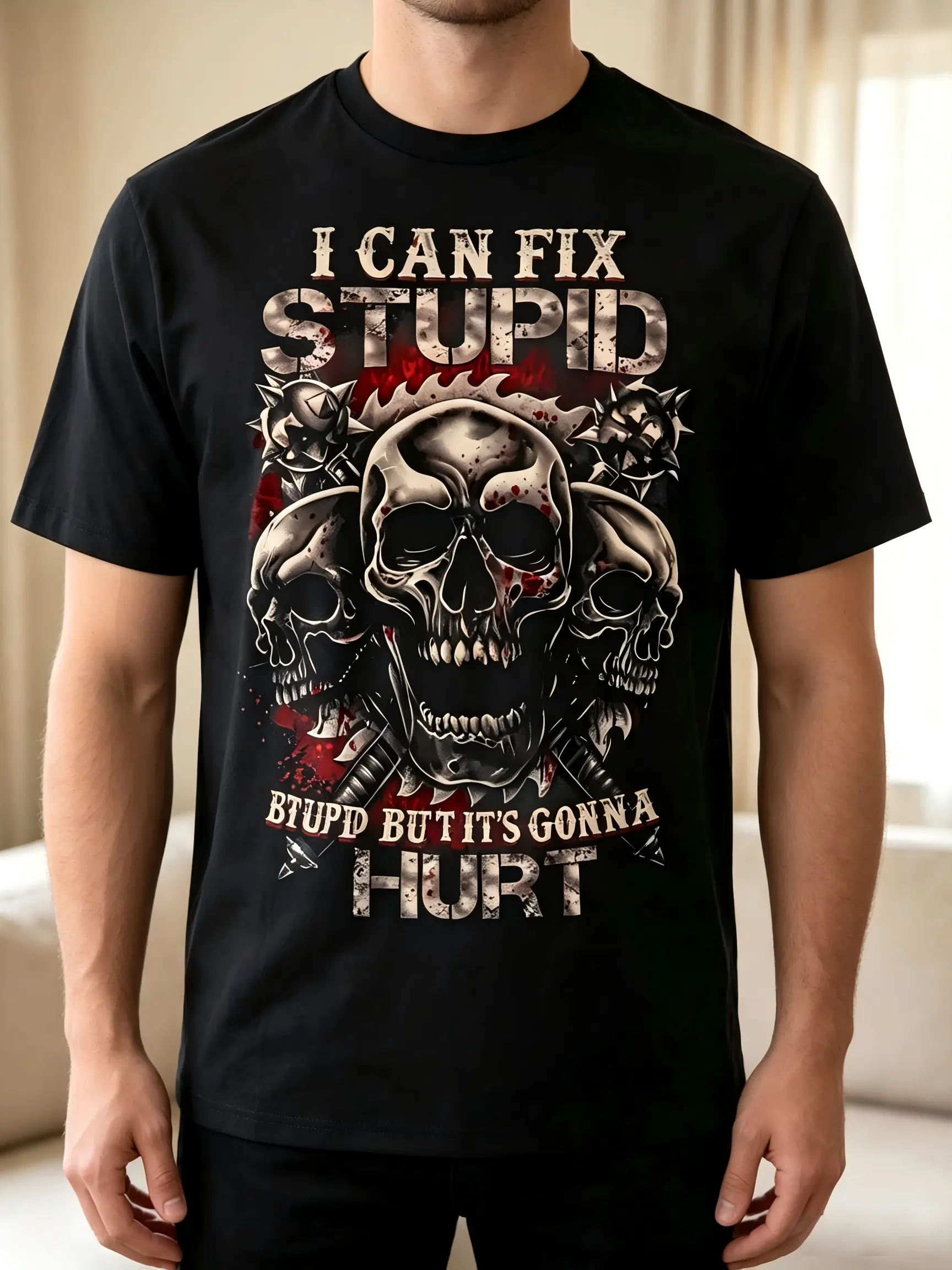 Men's Funny Graphic Cotton T-Shirt - Soft Short-Sleeve Round Neck Menswear Top with Skull Graphic Back Print, Plus Size, Flattering Cut, Tshirt, Sports