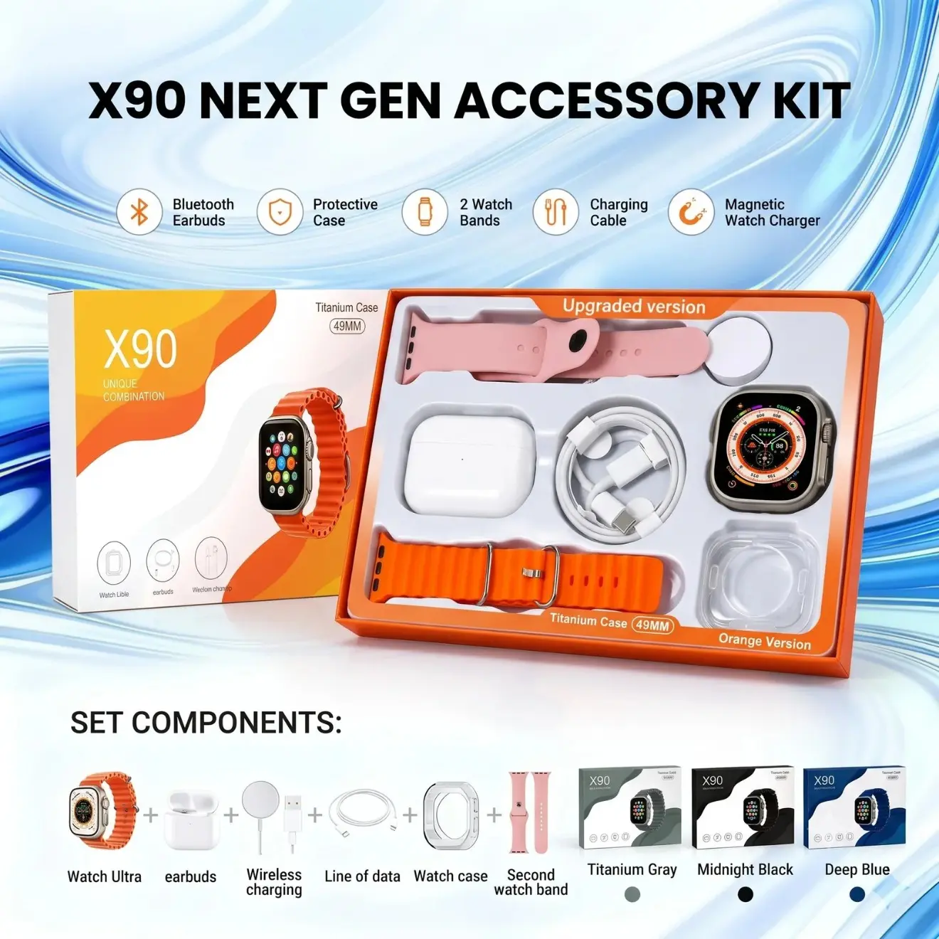 Wearable Device Kit with Bluetooth Earbuds, Magnetic Charger, Type-C Cable & Protective Case Wearable Device Kit with Bluetooth Earbuds, Magnetic Charger, Type-C Cable & Protective Case