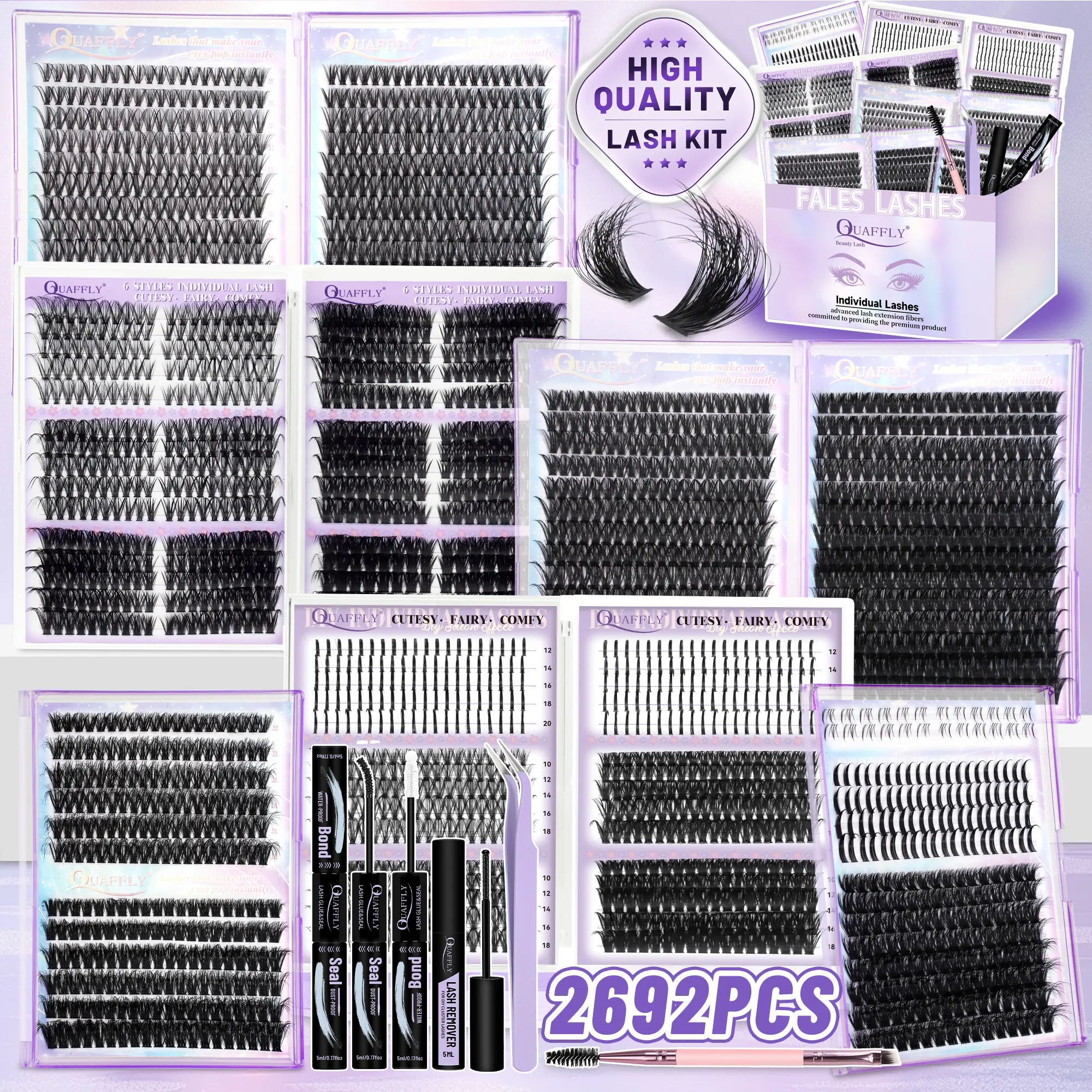 10 Box Mix Lashes Clusters Kit Gift Packs 2692Pcs with Bond&Seal, Remover ,Brush,Tweezers, Volume Mega/Bottom /Spikes Soft Extension False Eyelash D Curl Wispy Natural DIY Individual Fake Eyelashes for Beginners Bulk Pack