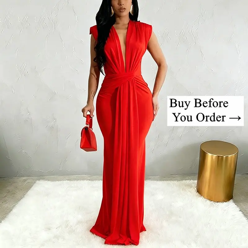 Lady's Elegant V-Neck Sleeveless Bodycon Maxi Dress - Lightweight Soft Elastic Fabric, Ruched Mermaid, Wrap Waist, Party Fit, Formal Wedding Guest Cocktail Dress (Red, Black, White)