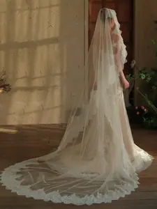 Aesthetic 3M Long Eyelash Lace Wedding Veil Cathedral Length High-End Sheer Tulle Bridal Veil Trailing Veil for Wedding Photoshoot & Chapel Ceremony Female