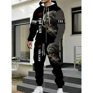 Men’s lion-pattern zip-up hoodie and sweatpants set — casual two-piece polyester zip-up sweatshirt set with long sleeves, machine washable, suitable for spring/autumn (gift)