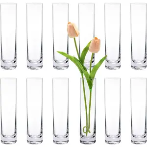 Glass Cylinder Bud Vases for Centerpieces Set of 12 Clear Small Handmade Slim Flower Vases Bulk for Single Rose Wedding Table Home Aesthetic Desk Party Decor 7.5"