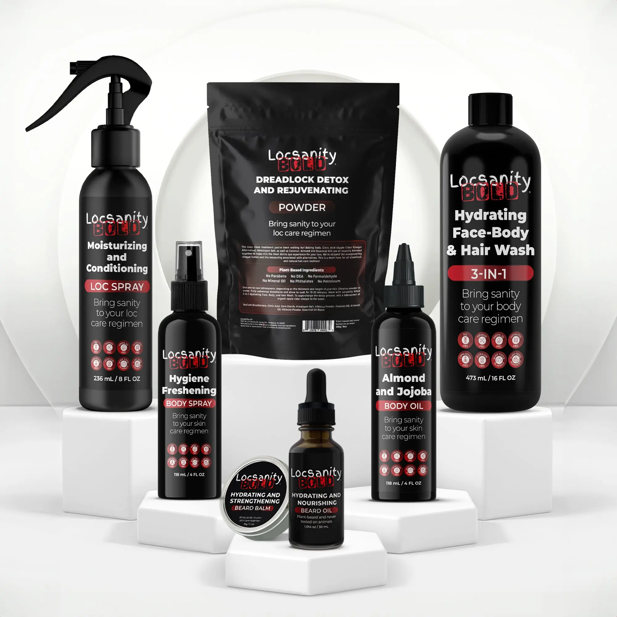 Locsanity BOLD Collection Grooming Set for Men - 7-Piece Daily Kit for Hair, Locs & Skin with Conditioning Beard Oil and Smooth Body Oil, Cleansing, Moisturizing, Body Care, Lightweight, Balm, Moisturize, Powder, Body Wash & Soap