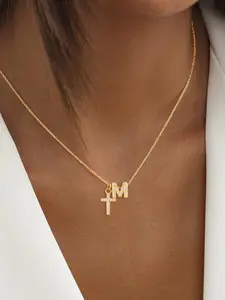 Women's Zirconia Initial Cross Pendant Necklace, Elegant Stainless Steel Chain, All-Season Jewelry for Women, Initials Necklace