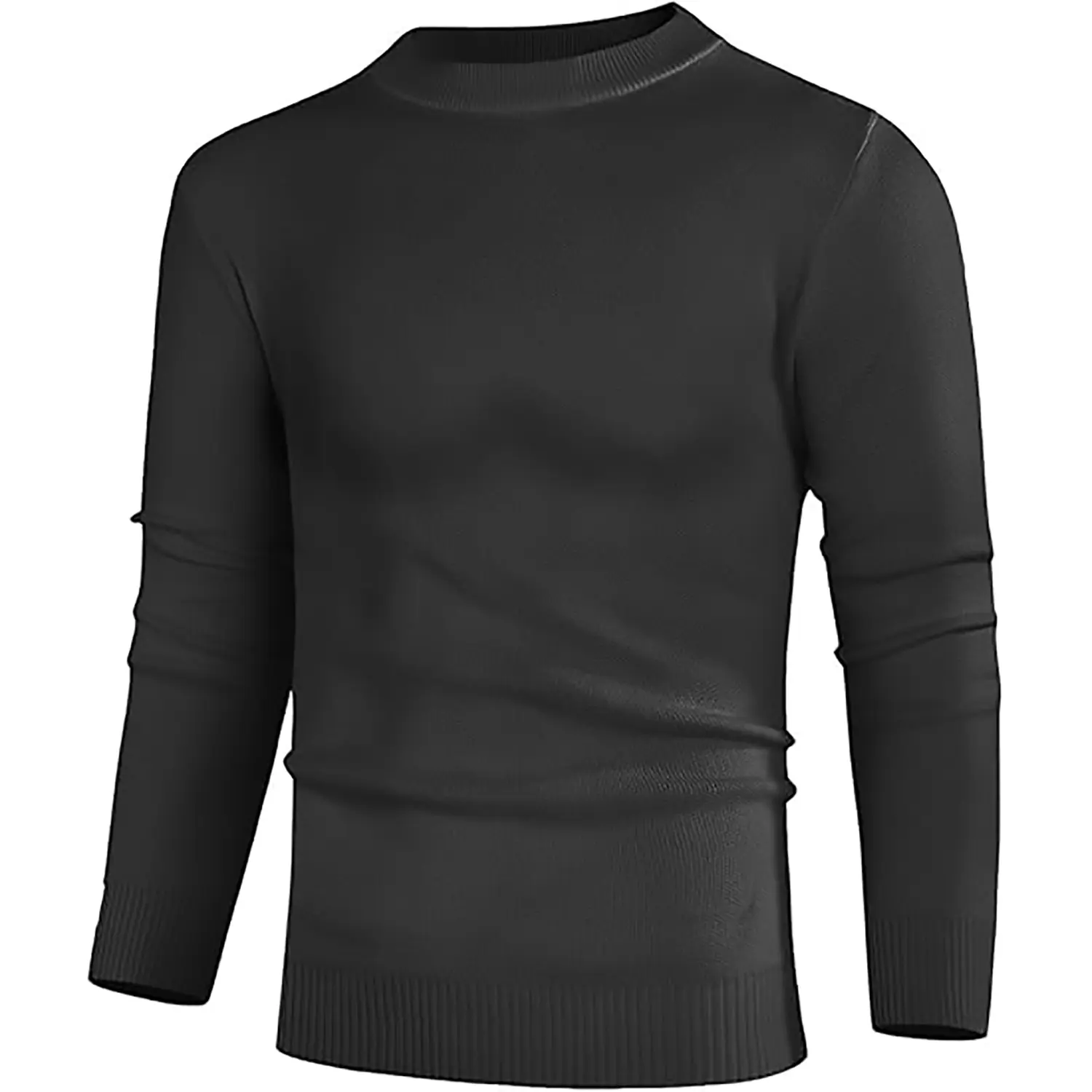 GINGTTO Menswear Men's Round Neck Long Sleeve Slim Fit Lightweight Knit Sweater, Basic Black Pullover Tops
