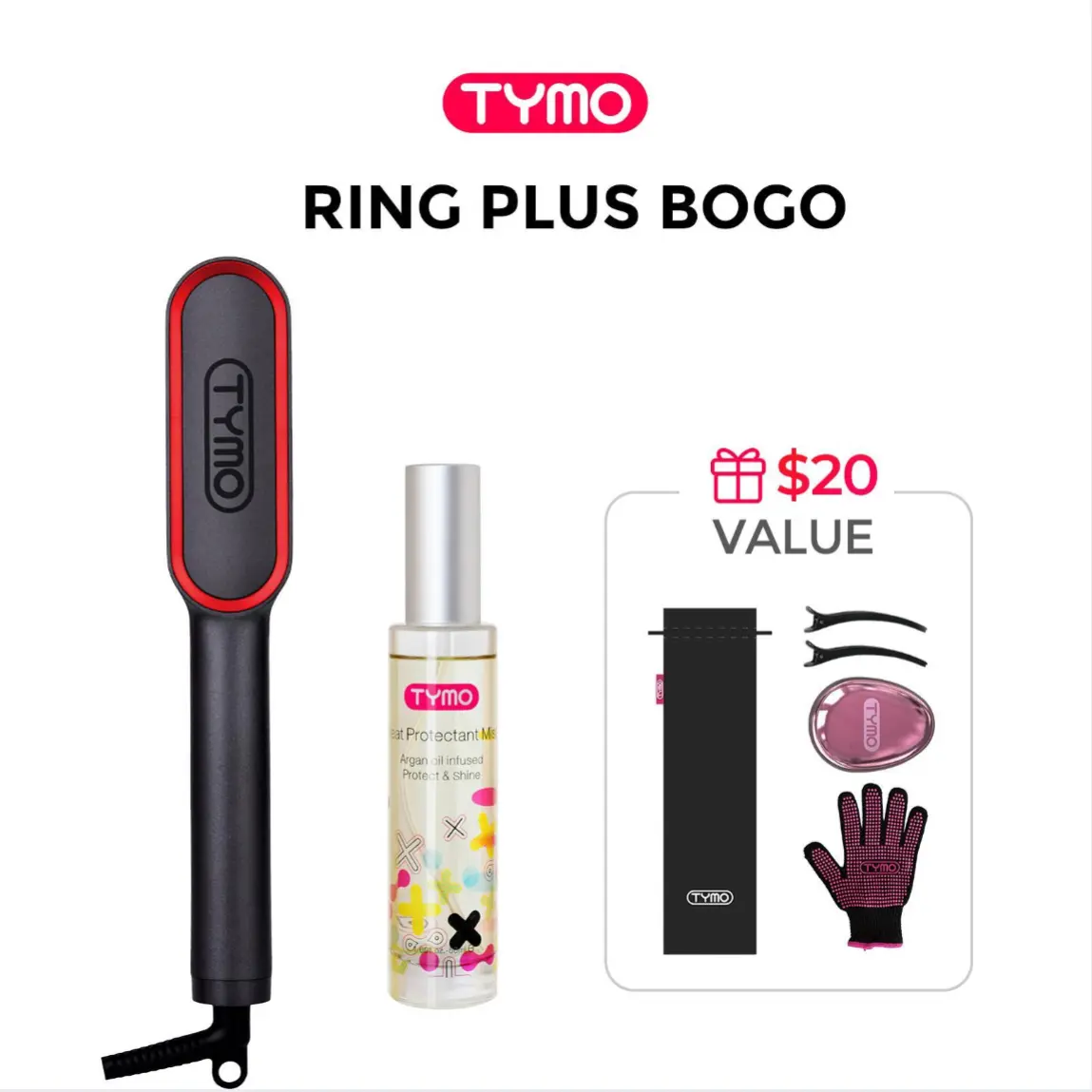 TYMO RING PLUS- BOGO Set, Ionic Hair Straightener Comb with Heat Protectant Spray, Titanium Coating, 9 Temp Settings & LED Display, 20s Fast Heating & Dual Voltage, Professional Styling Tools for All Hair Types heated  brush straightener