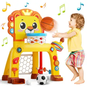 #Summervibes 4-in-1 Toddler Basketball Hoop & Soccer Goal and Golf Toys, Interactive Lion Musical Sports Toys with Light for 1 2 3 Year Old Boys Girls, Baby Toy for 12-18 Months, Christmas Birthday Toy Gifts