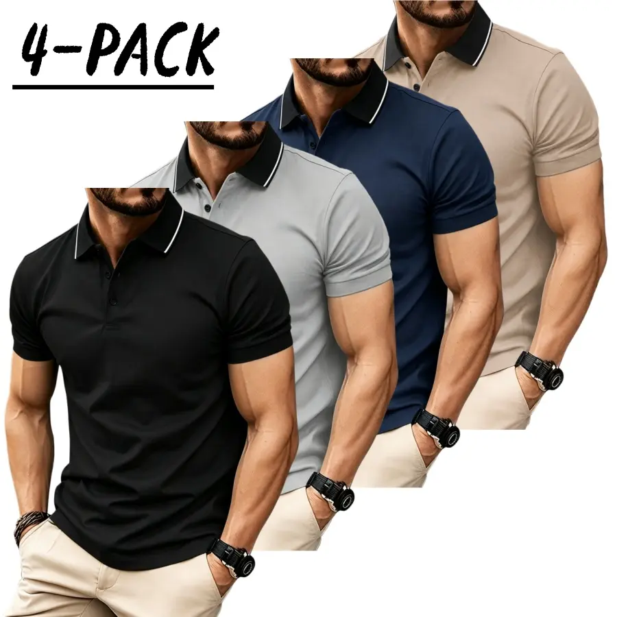 Men’s short sleeve polo shirt set of four pieces with a turn down collar and three buttons; urban casual style with contrast piping at the collar, slim tailored shoulders, and refined bead detailing. Suitable for men’s commuting, shopping, and exploring s