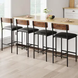 Bar Stools Set of 4, Upholstered Counter Height Bar Stools with Backrest and Footrest, Kitchen Barstools for Island, Counter Bar, Easy Assembly, Rustic Brown