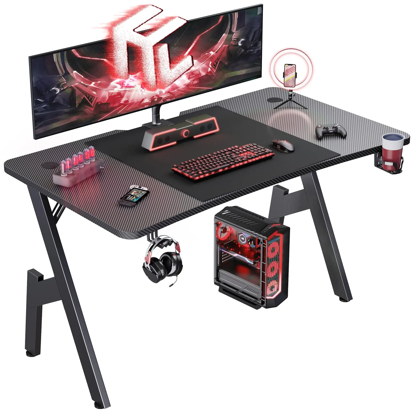 Gaming Desk , Home Office Gamer Desk, Ergonomic Computer Table with Large Carbon Fiber Desktop, Office Workstation, Cup Holder & Headphone Hook