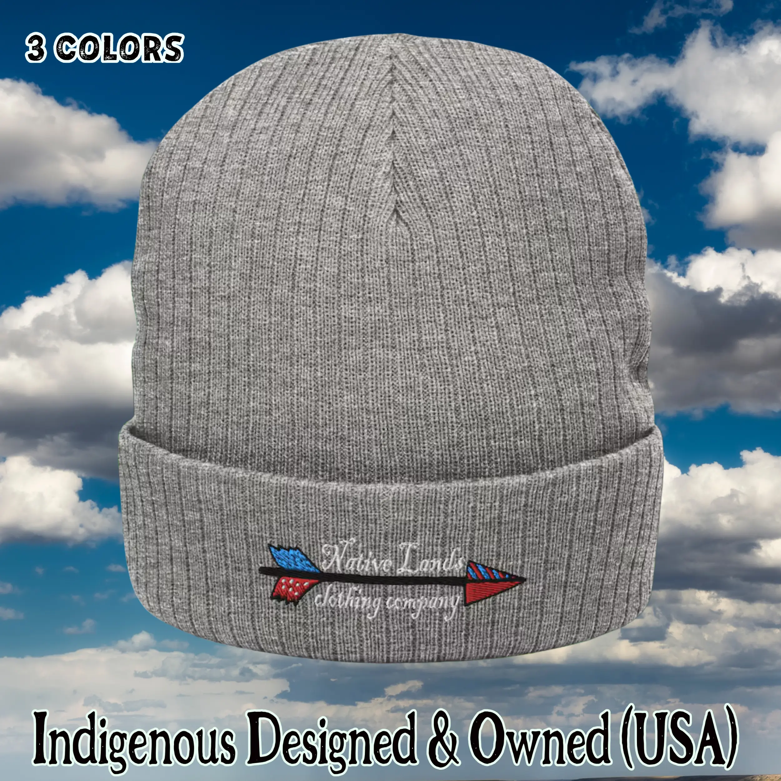 Arrow Embroidered Ribbed Knit Beanie - Honoring First Nations, Inuit, Native American Indigenous Cultures