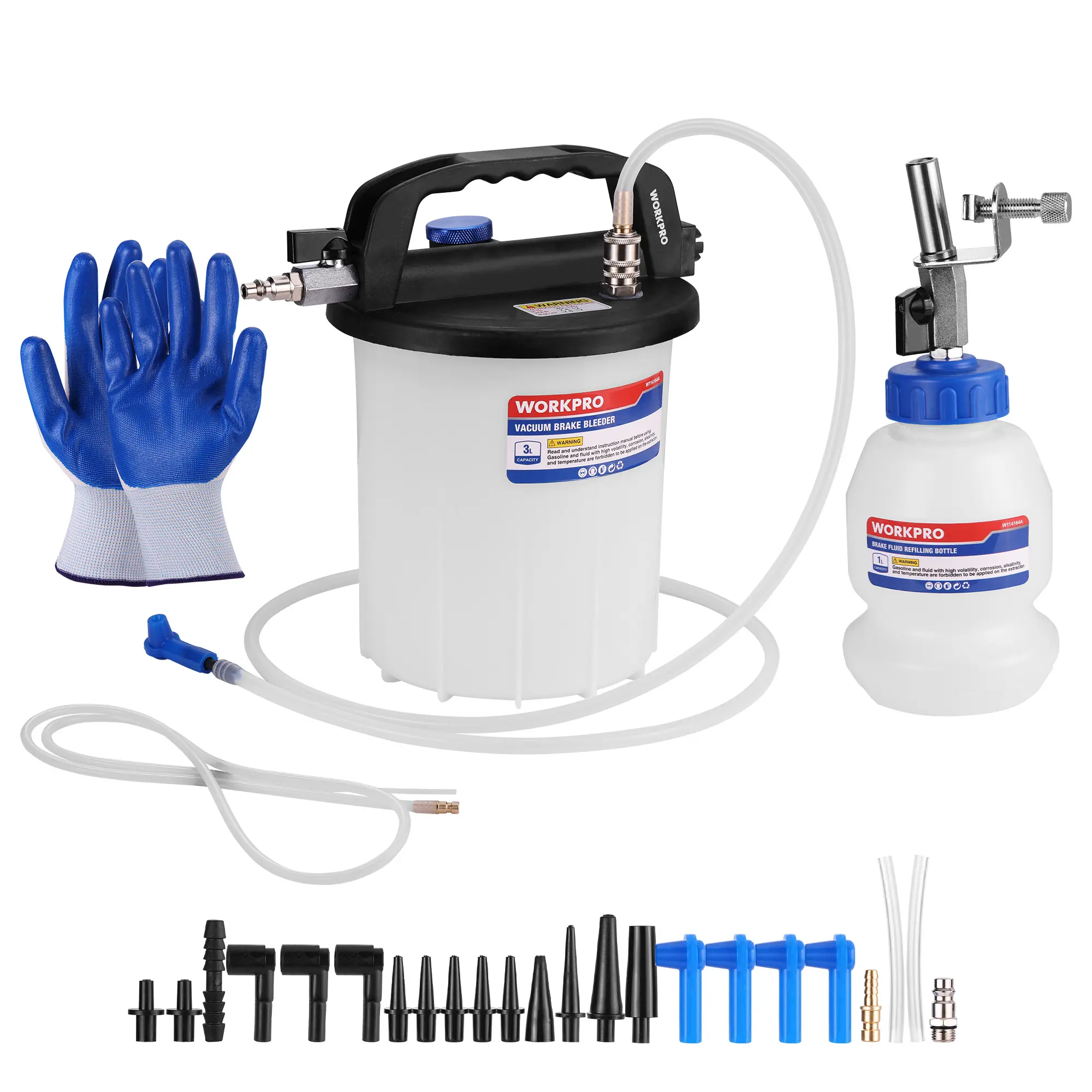 #summersale WORKPRO 3L Vacuum Brake Bleeder Kit, Pneumatic Brake Bleeder for One Person, with 1L Brake Fluid Refill Bottle, 22 Adapters, Air Coupler & Gloves, Brake Bleeding Tool for Various Vehicles, Motorcycles