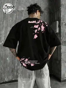 Unisex Black 100% Cotton Sakura Cherry Blossom Print T-Shirt, Oversized Drop Shoulder Fit, Japanese Harajuku Street Style, Y2K Aesthetic, Summer Casual Versatile Top, Trending Ins Streetwear Tee