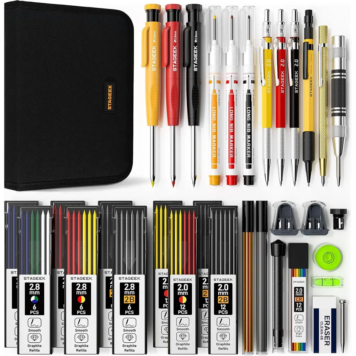 STAGEEK 34-Pack Woodworking Marking Tools Set - Carpenter Pencils, Sharpener, Case, 1 Square Level, 36x2.8mm 2B Lead Refills, 1.3mm/2.0mm/2.8mm Metal Grip Control Mechanical Pencils, Deep-Hole Tips Markers, Carbide Scribe for Architectural Drawings