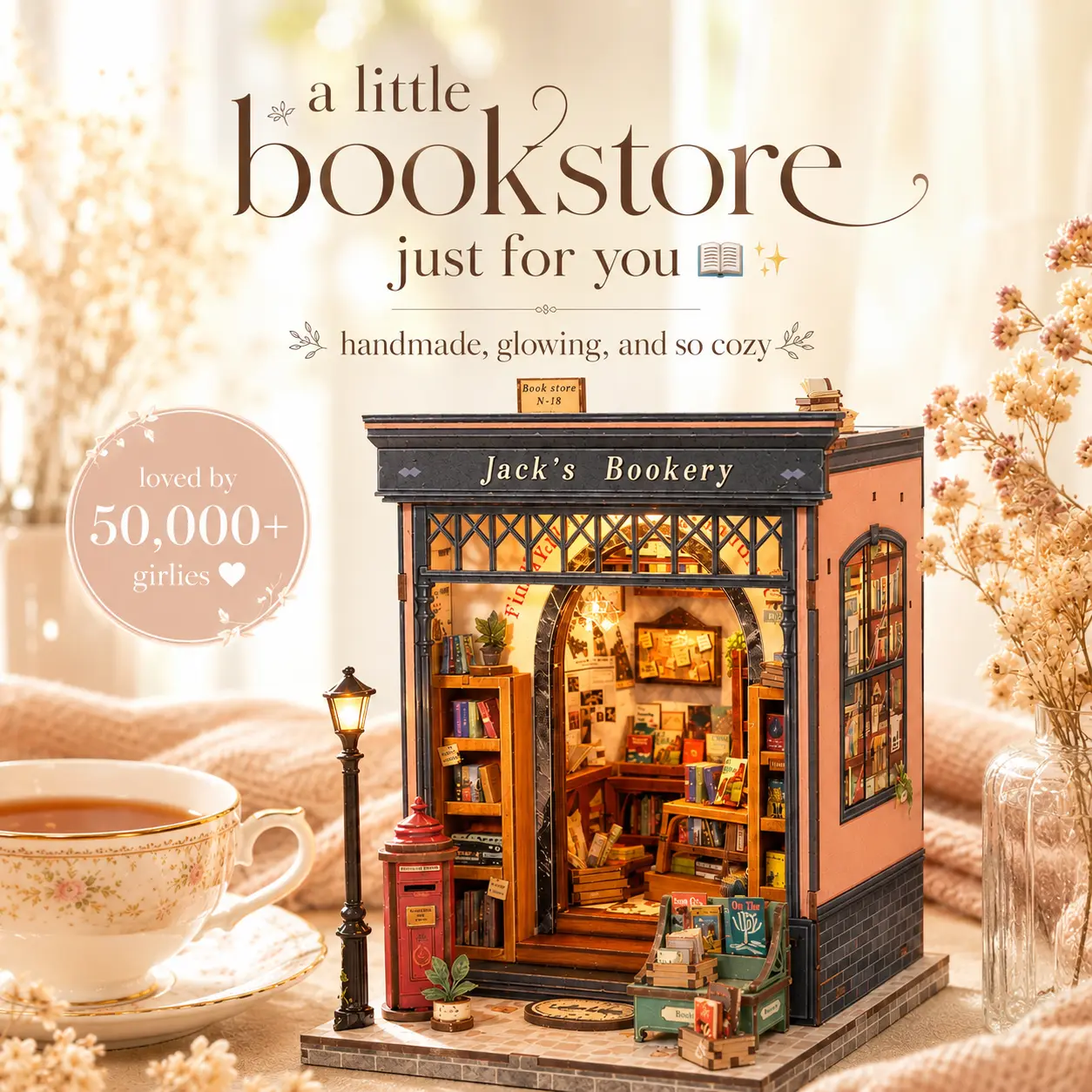 Jack's Bookery DIY Miniature Book Nook Kit with LED Light, Cozy Bookstore Craft Gift for Adults & Teens