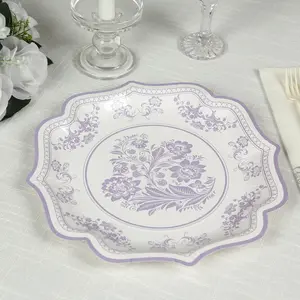 25-Pack Paper Dinner Plates 10" White Lavender Lilac Damask Floral Print & Scallop Rim - 300GSM Disposable Floral Party Plates