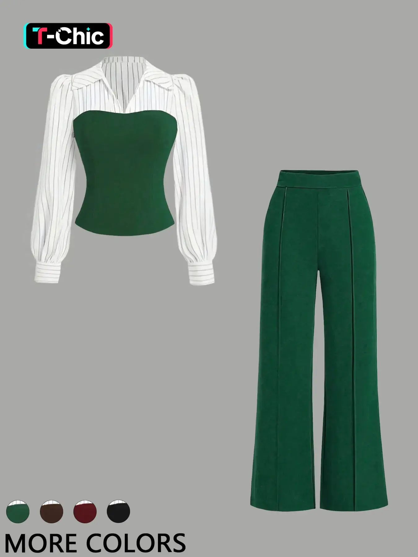Women's Long Sleeve Colorblock Patchwork Shirt Set, Top, Slimming Waist Design, Straight Leg Pants, Casual Fashion, Chic, Style, 2 Piece Set, Womenswear
