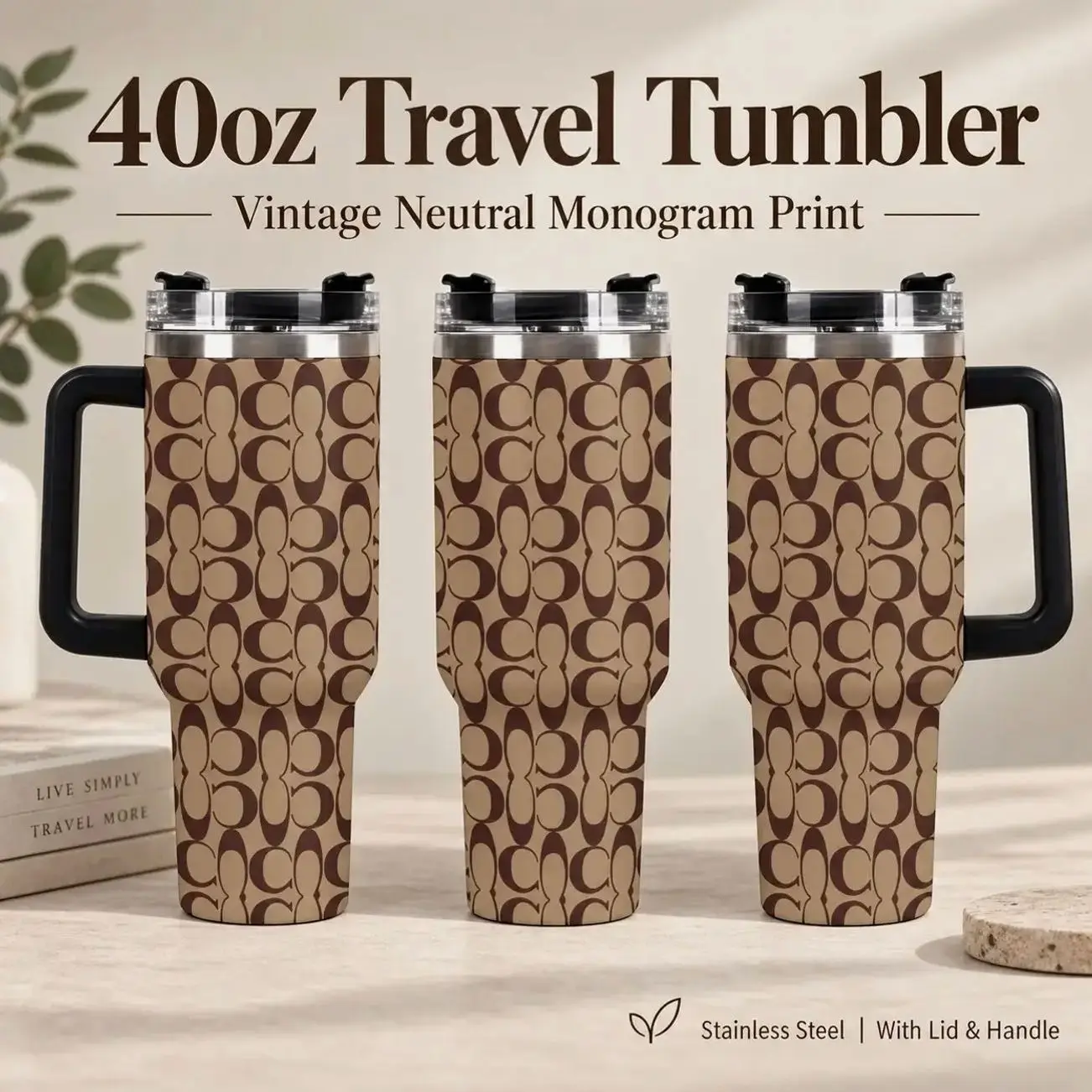 40oz Classic C Monogram Print 40oz Tumbler with Straw - Luxury Inspired Signature C Print Insulated Cup, Beige Brown Designer Inspired Leakproof Stainless Steel Travel Mug, Neutral Aesthetic Travel Mug, Perfect for Gifts & Daily Use