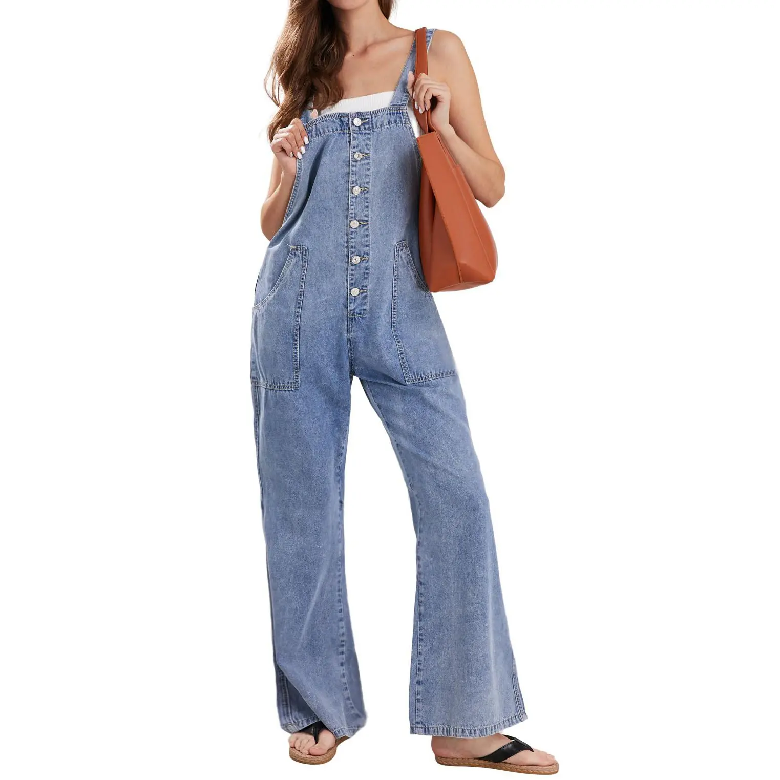 CHARTOU Women's Basic Sleeveless Casual Denim Overalls, Wide-Leg Button-Backless Jumpsuit with Pockets, Strap, Wide Leg Pants, Cotton Fabric, Loose Fit, Hollow, Fashion, Plain, Button Down Bib, Rear Pockets, Loose-Fitting, No