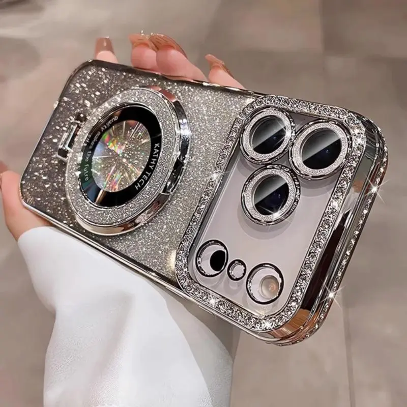 Luxury Diamond Glitter Smartphone Casing for iPhone 17,16,15,14,13,12 Pro Max - Gold-Plated MagSafe Lens Protector, Shockproof Handheld Device Protection, Anti-Fall