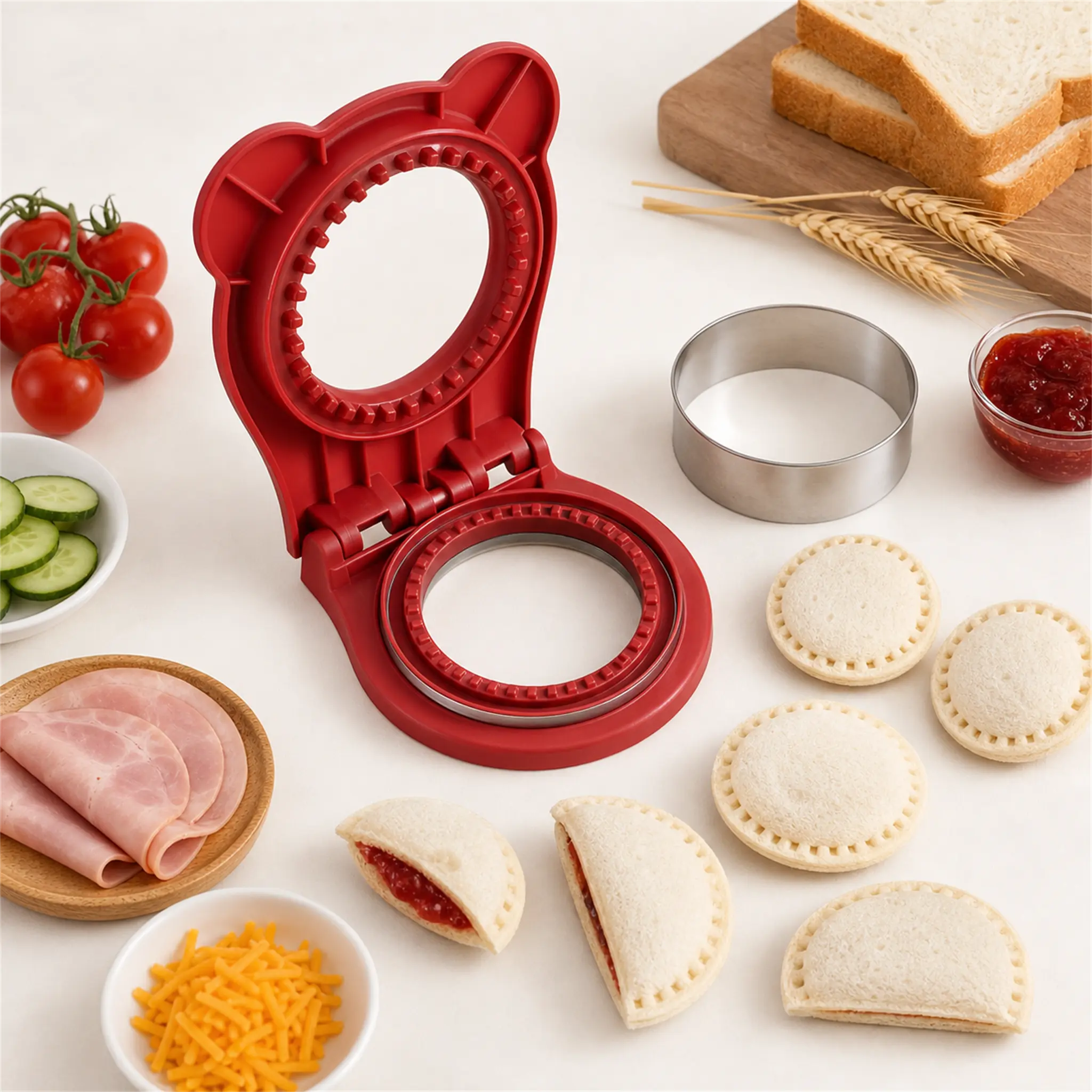 Sandwich Cutter and Sealer - Multi Functional 3.7 Inch & 4.5x4.5 Inches DIY Uncrustables Maker, Easy to Clean Bread Crust Remover Mold for Kids' School Lunch, Press Down Design Home & Party Supplies Gift with Removable Cutting Ring