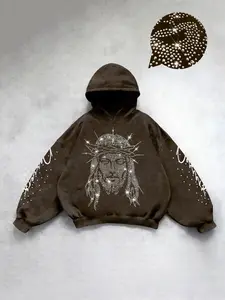 Men's Autumn Casual Hooded Long Sleeve Sweatshirt, Rhinestone Jesus Print Design, Graphic, Fashion Versatile, Stylish, Sparkling Embroidery, Regular Fit, Comfortable Daily Wear