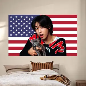 SKZ Han with a Kitten American Flag K-Pop Tapestry, K-Pop Merchandise, Fan Gifts, Wall Hanging, Room Decor, Wall Hanging, Fan Art father's day gifts,gifts boyfriend,gifts for girl adults,gifts under 100 dollars,cheap stuff for your room