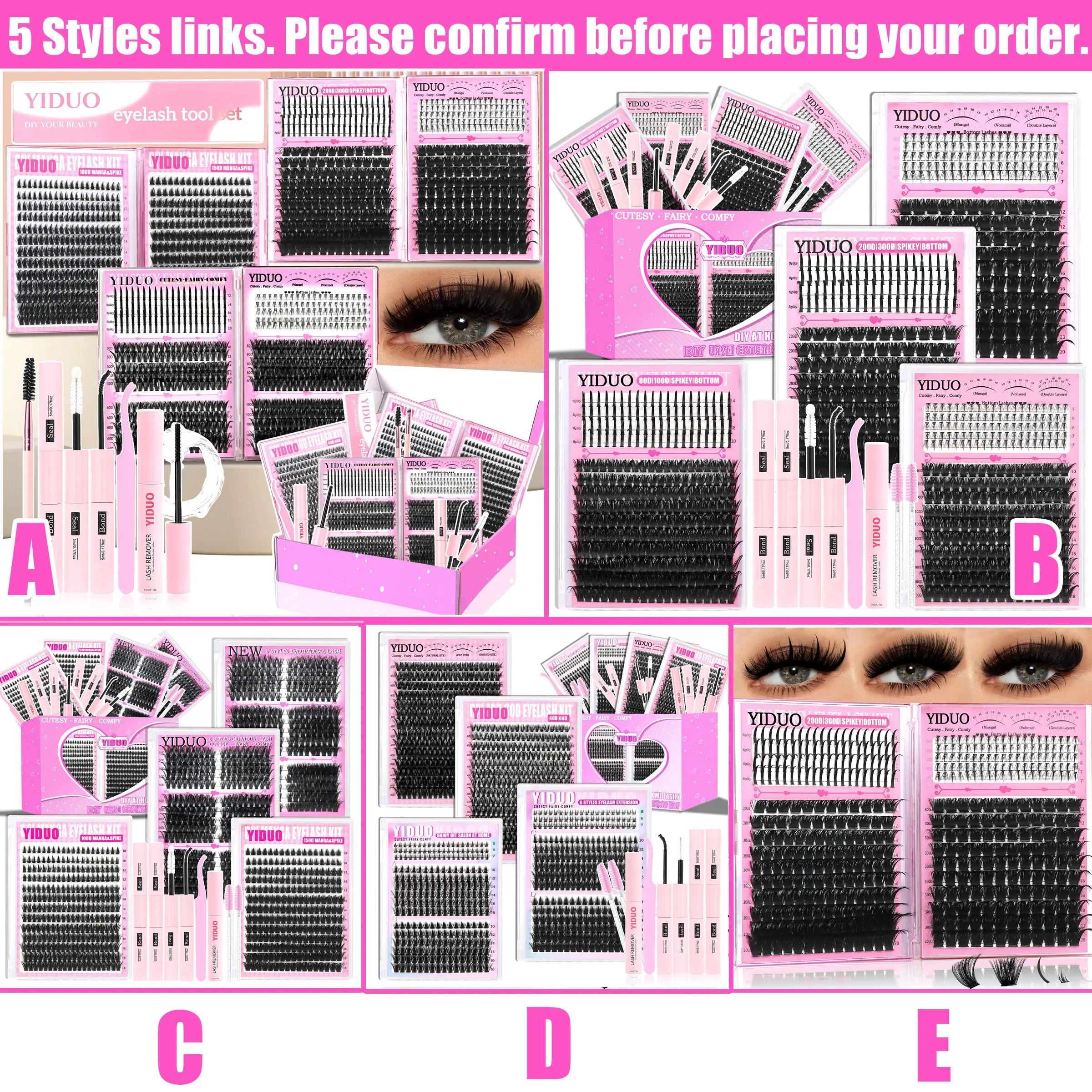 Lash Clusters Kit 50D/60D/80D/100D/Bottom/Spike/Manga/Volume 5-20mm Cluster Eyelash Extension Kit D-Curvature With Lash Bond and Seal, Lash Remover, Lash Tweezers, Eyelash Brush, False Eyelash Extensions DIY at Home