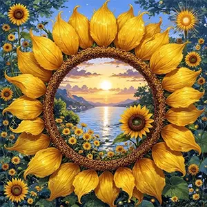 5D Diamond Art Set-Sunflower Ring Sunset Lake Scene Design with Round Diamond Beads And Vibrant Colors, Perfect for Adults And Beginners to Create Frameless Diamond Art. Ideal for Living Room, Bedroom, Entranceway Walls, Home Decor, Or As Home Art Gifts