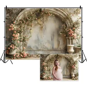 Mother's Day Backdrop 7x5ft Wedding Anniversary  Rose Flower Boho Floral Arch Wall Rustic Medieval Building Photography Background Mom Birthday Party  Bridal Shower Decor