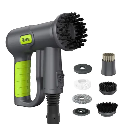 Phueut Compact Cordless Power Scrubber with Plastic Handle - 10-in-1 Fast Charge Home Cleaning Tool, 2X Efficient Grill Brush, 2500mAh Battery, 9 Heads, Microfiber Pads, Dual Speed Settings, Powerful Cleaning Tool, Floor Scrubbing & Handheld Brushes