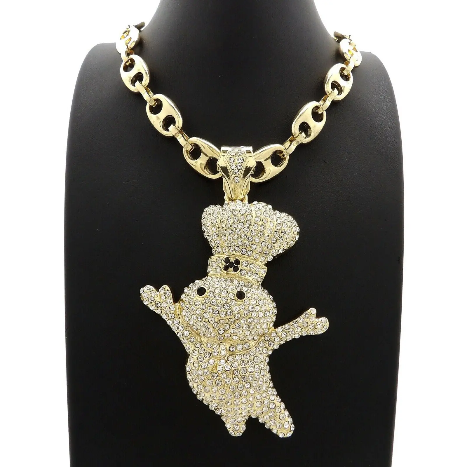 MaxBling81 Hip Hop Style Iced Large Doughboy Charm Necklace, 12mm Marina Chain & Link Necklace with 20" 24" 30" Length Options, Unisex Costume Jewelry for Men Women, Glam Fierce Necklaces, Glitter Diamond Necklaces