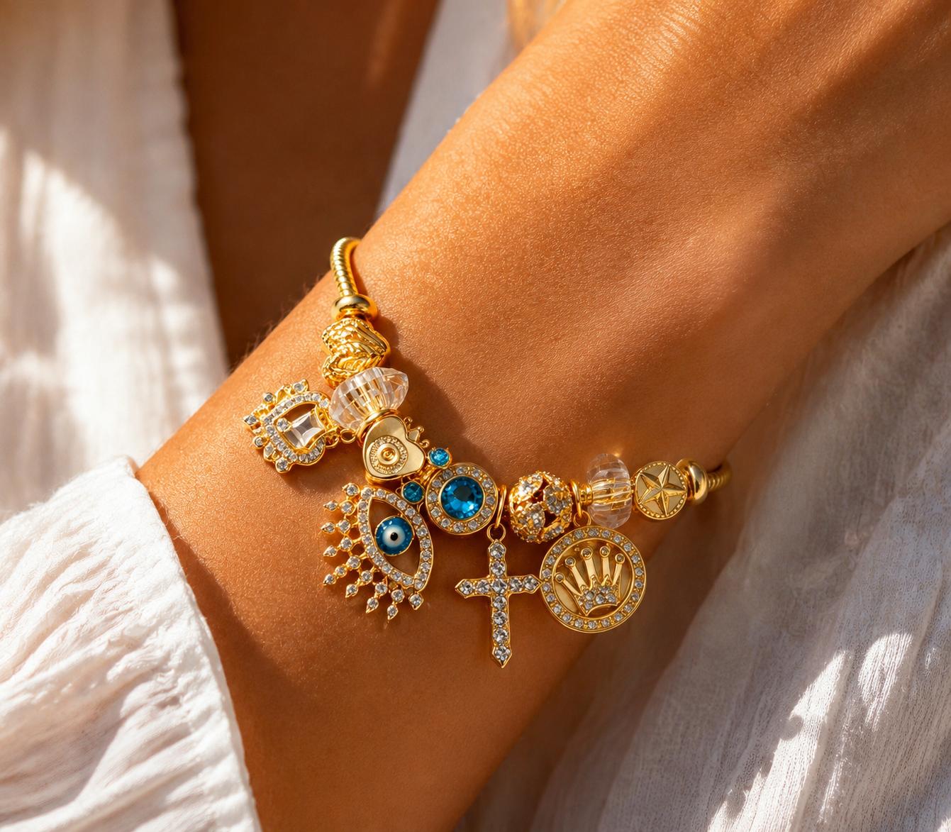 Gold Tone Charm Bracelet for Women, Blue Evil Eye Cross Star Lucky Charms Bracelet, Crystal Statement Jewelry Gift for Her