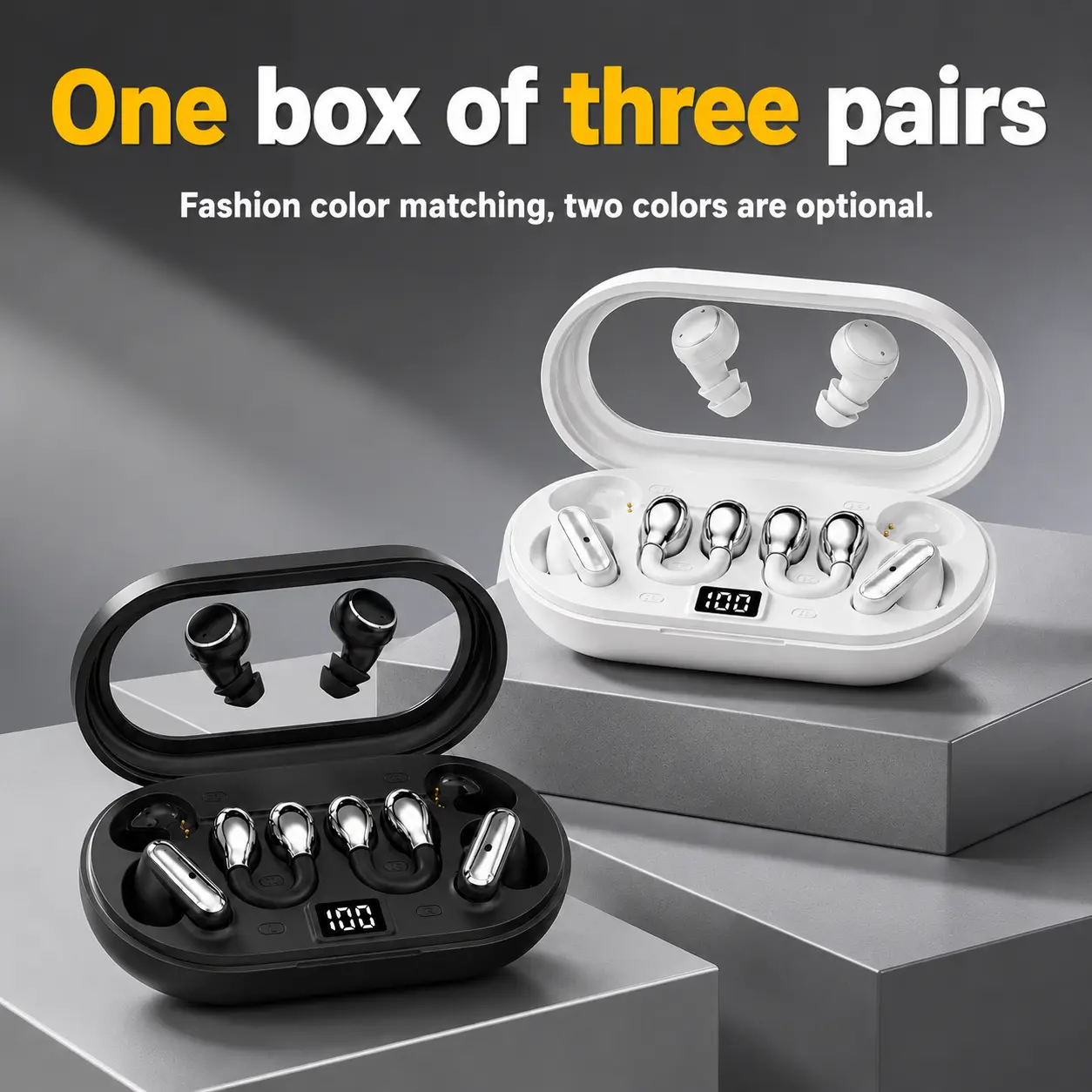 3-Pair Bluetooth Earbuds Set with 1 Charging Case - Electronic Audio Headset Including Sleep, Clip-On, Sports Styles, IPX Waterproof, Mic, Noise Cancellation, Music Support for Family Sharing