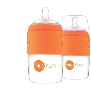 PopYum 5oz Anti-Colic Baby Bottle for Breast and Formula Feeding, 2-Pack, Orange, #1 Slow Flow Nipples
