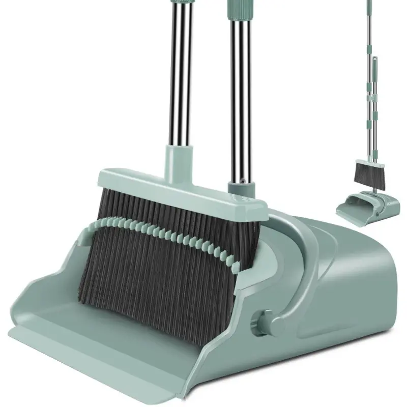 Heavy Duty Broom and Dustpan Set with Extendable Long Handle, Upright Stainless Steel Combo with Self-Cleaning Teeth for Indoor Outdoor Use