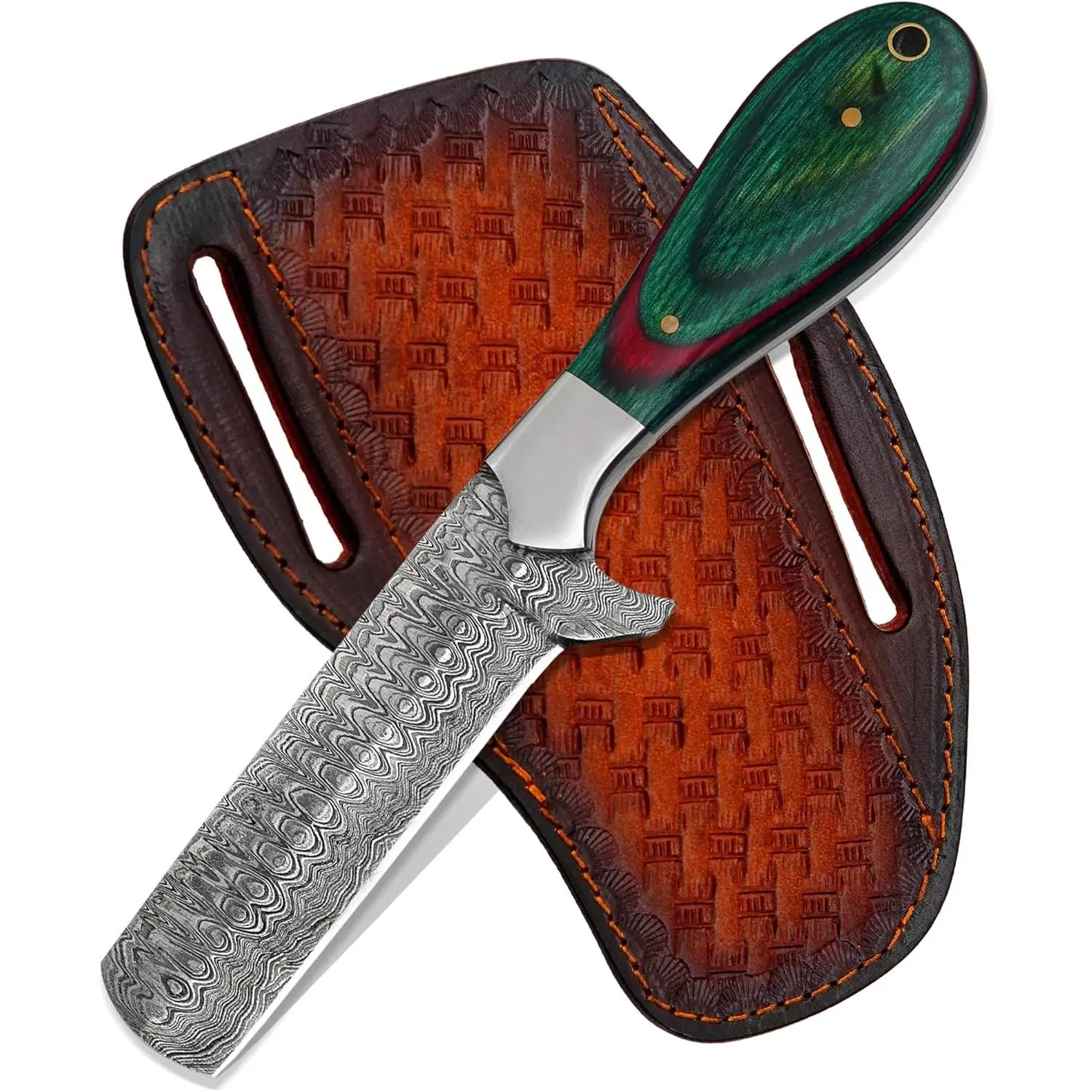 8'’Damascus Bull Cutter Knife – Cowboy Hunting Knives Fixed Blade with Pancake Leather Sheath, Handmade Full Tang Skinning Knife for Hunting, Camping & Outdoor Use