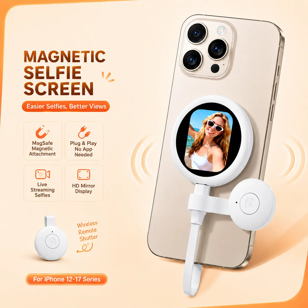MagSafe Selfie Monitor for iPhone, 4K AMOLED Wireless Vlog Screen, No Delay Back Camera Display for TikTok, YouTube & Travel Photography