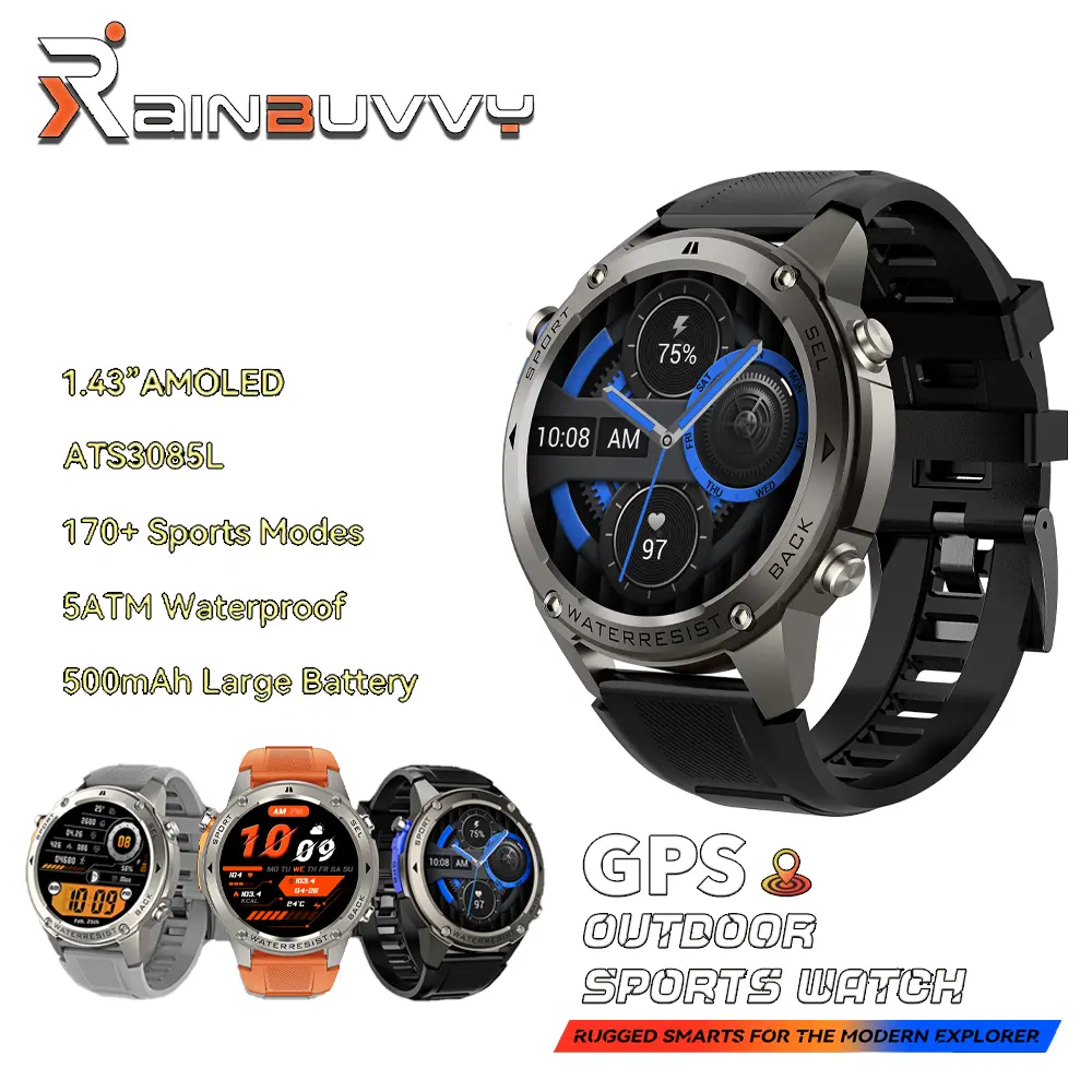 Rainbuvvy DM56 Smart Watch - 1.43 Inch Full Touch Screen, GPS, Barometer, Compass, 5ATM Water-Resistant, 170+ Multi-Sports Modes, Calorie Tracker, Bluetooth, Silicone-Aluminum Build, iOS/Android Compatible Outdoor Wearable Device, Hiking