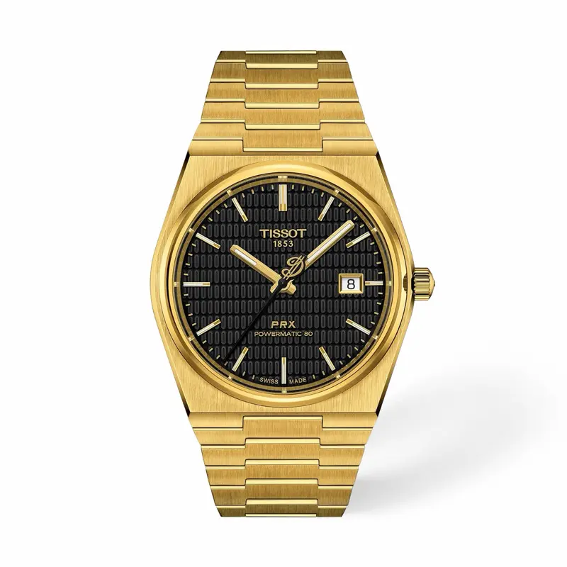 Tissot PRX Preowned Gold Tone Watch with Black Dial and Date Functionality