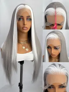 13x4 Lace Front Wig Long Silky Straight Hair with White Highlights Mix Color Natural Look Comfortable Fit Adjustable Pre Bleached Wig Easy Care Heat Resistant Fiber