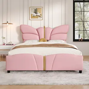 Upholstered PU Leather Full-Size Platform Bed Frame with Butterfly-Shaped Headboard & Footboard, Gold Metal Decor for Glam Look, Wooden Slats Support, Easy Boxless Base (No Box Spring Needed), Pink